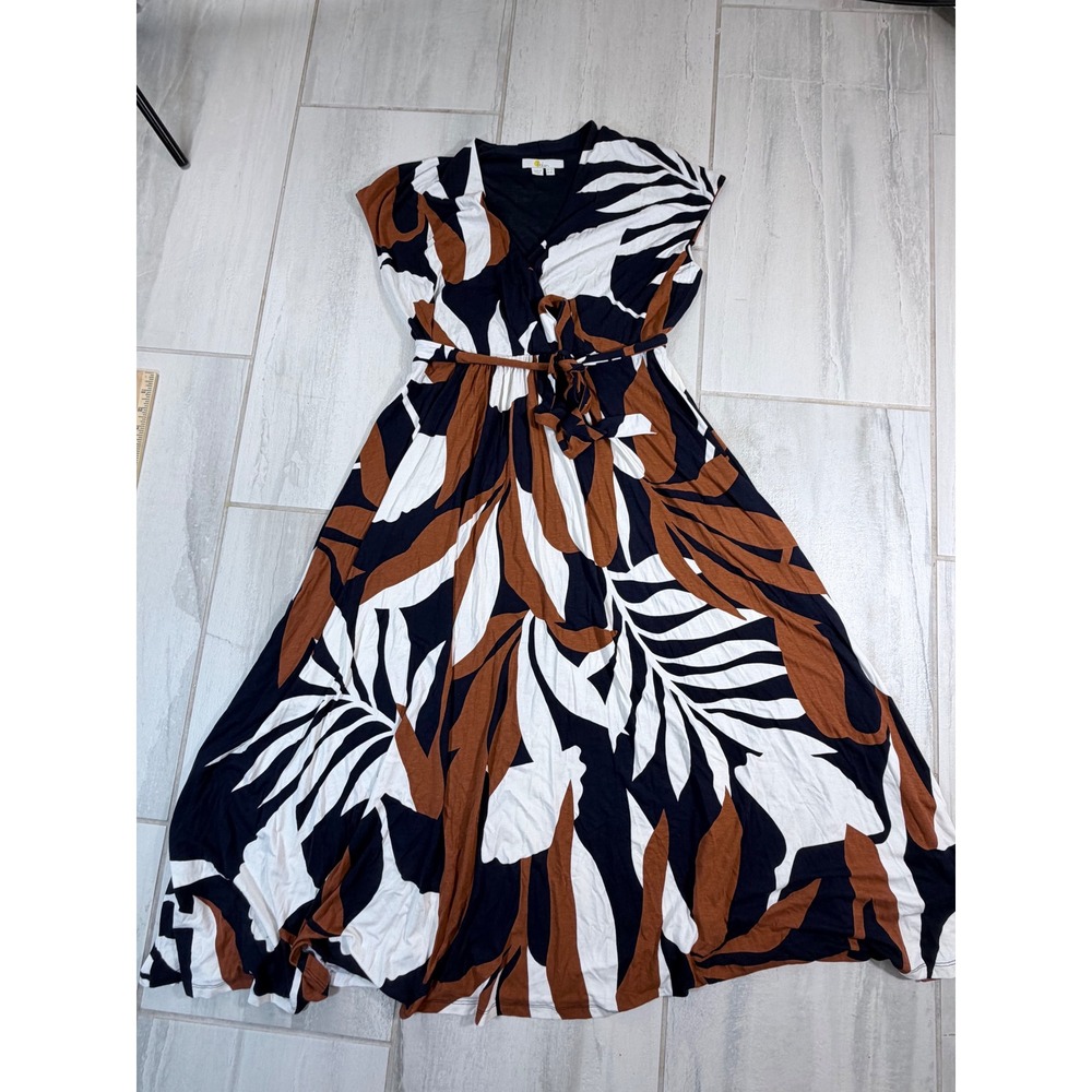 Boden Navy Blue Rust Palm Leaf Print Jersey V-Neck Maxi Dress Petite 8P